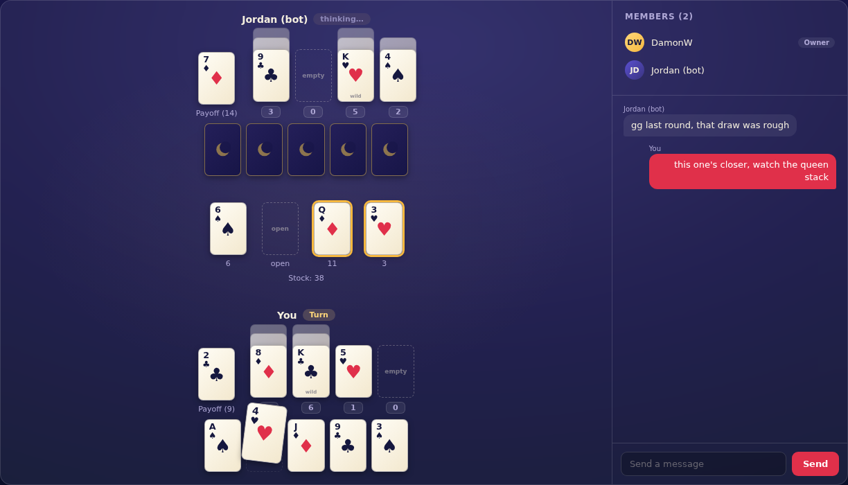 A Card Night table mid-game, showing two players' hands, discard piles, and a shared stock pile in a game of Spite & Malice
