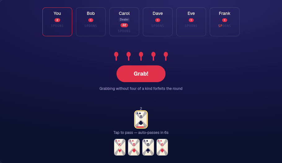 A six-player game of Spoons mid-round, showing each player's letters progress toward S-P-O-O-N-S, the shared spoon tray, an incoming card with its auto-pass countdown, and a four-card hand