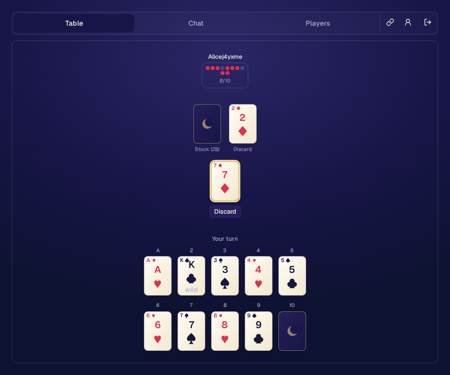 A two-player game of Trash mid-round, showing one player's own numbered layout with several slots already flipped face-up, an opponent's compact progress indicator, the shared stock and discard piles, and a held card ready to place